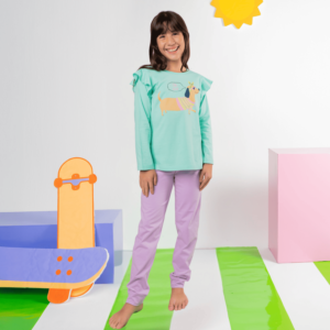Pijama de malha longo feminino infantil com babadinhos Daschlove