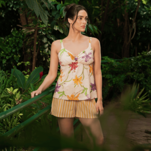 Babydoll feminino personalizado de malha com recorte no busto – Coleção Orquídeas