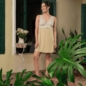 Camisola feminina em viscolycra com renda no busto e alças reguláveis – Coleção Botânica