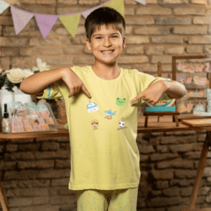 Pijama infantil personalizado de malha 100% algodão – Coleção Stickers